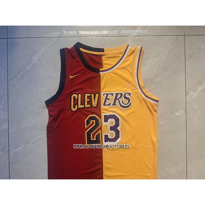 LeBron James NO 23 Camiseta Cleveland Cavaliers Los Angeles Lakers Split Rojo Amarillo
